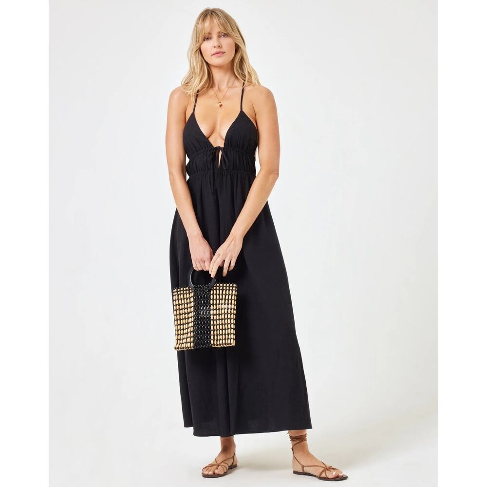 LSPACE Playa Vista Dress Black Midi Open Back Strappy Linen Blend NWT Medium